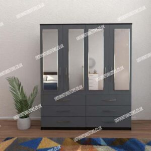 Front Gray Side Black 4 Door Wardrobe With 4 Mirrors and 6 Bottom Drawers