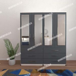 Front Gray Side White 4 Door Wardrobe With 4 Mirrors and 6 Bottom Drawers