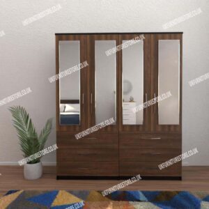 Front Walnut Side Black 4 Door Wardrobe With 4 Mirrors and 6 Bottom Drawers