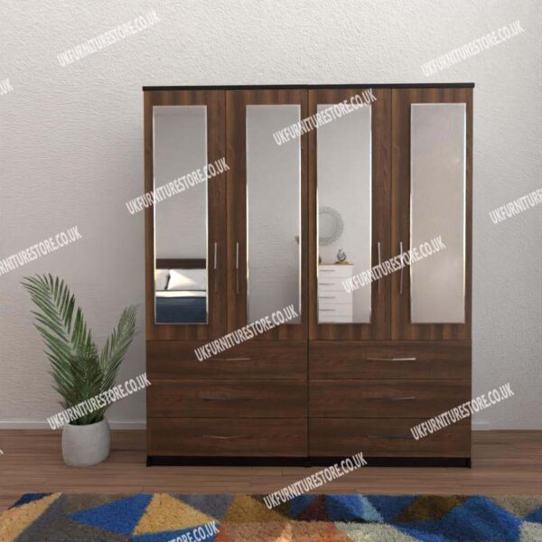Front Walnut Side Black 4 Door Wardrobe With 4 Mirrors and 6 Bottom Drawers