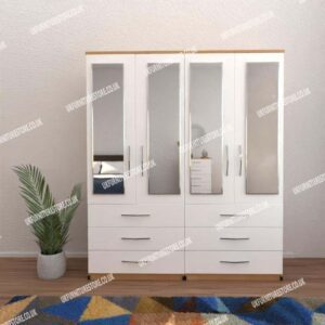 Front White Side Beech 4 Door Wardrobe With 4 Mirrors and 6 Bottom Drawers