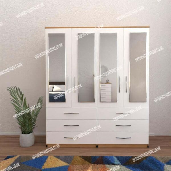 Front White Side Beech 4 Door Wardrobe With 4 Mirrors and 6 Bottom Drawers