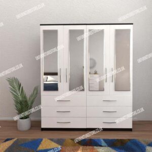 Front White Side Black 4 Door Wardrobe With 4 Mirrors and 6 Bottom Drawers