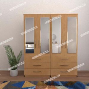 Beech 4 Door Wardrobe With 4 Mirrors and 6 Bottom Drawers