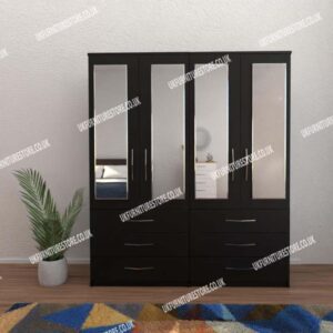 Black 4 Door Wardrobe With 4 Mirrors and 6 Bottom Drawers