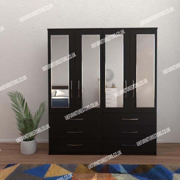 Black 4 Door Wardrobe With 4 Mirrors and 6 Bottom Drawers
