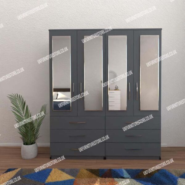 Gray 4 Door Wardrobe With 4 Mirrors and 6 Bottom Drawers