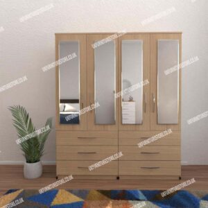Oak 4 Door Wardrobe With 4 Mirrors and 6 Bottom Drawers