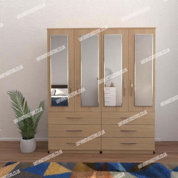 Oak 4 Door Wardrobe With 4 Mirrors and 6 Bottom Drawers