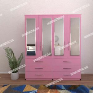 Pink 4 Door Wardrobe With 4 Mirrors and 6 Bottom Drawers