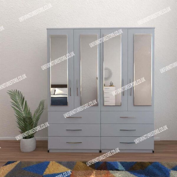 Silver 4 Door Wardrobe With 4 Mirrors and 6 Bottom Drawers