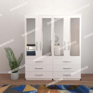 White 4 Door Wardrobe With 4 Mirrors and 6 Bottom Drawers