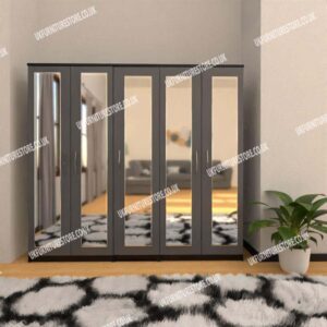 Front Gray Side Black 5 Door Wardrobe With 5 Mirrors