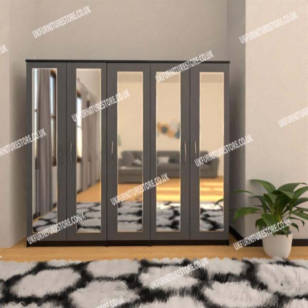 Front Gray Side Black 5 Door Wardrobe With 5 Mirrors