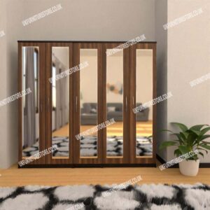 Front Walnut Side Black 5 Door Wardrobe With 5 Mirrors
