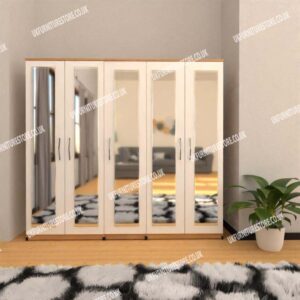 Front White Side Oak 5 Door Wardrobe With 5 Mirrors