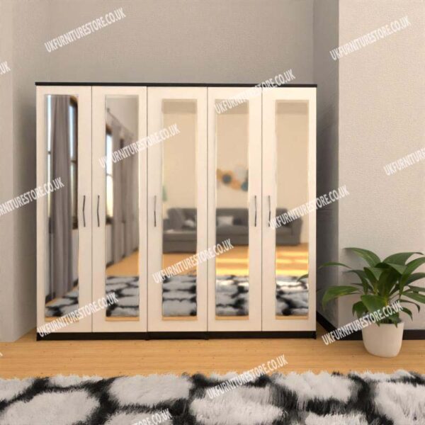 Front White Side Black 5 Door Wardrobe With 5 Mirrors
