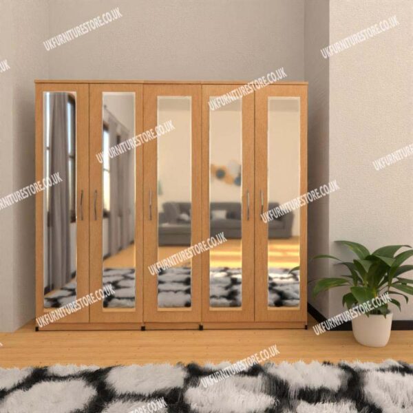 Beech 5 Door Wardrobe With 5 Mirrors