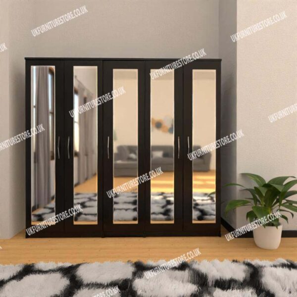 Black 5 Door Wardrobe With 5 Mirrors