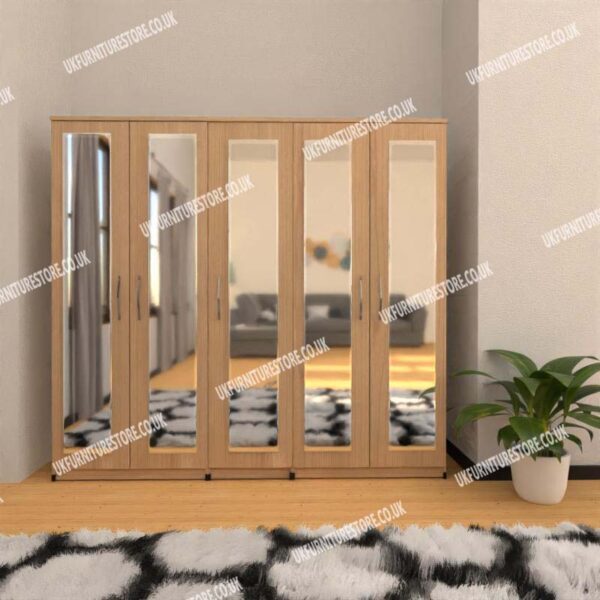 Oak 5 Door Wardrobe With 5 Mirrors