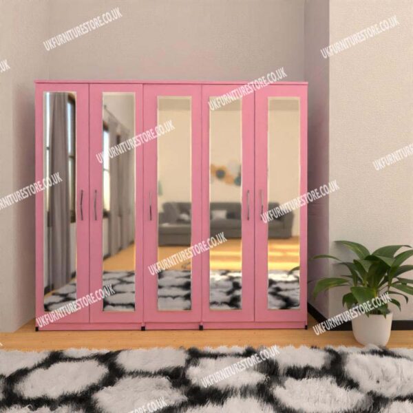 Pink 5 Door Wardrobe With 5 Mirrors