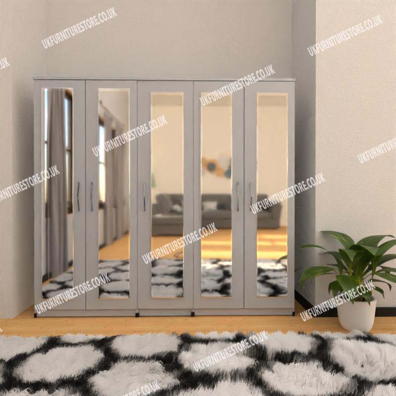 Silver 5 Door Wardrobe With 5 Mirrors