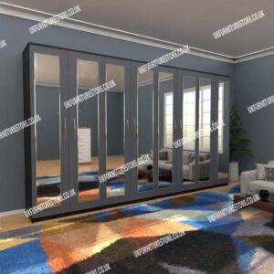 Front Gray Side Black 8 Door Wardrobe Set With 8 Mirrors