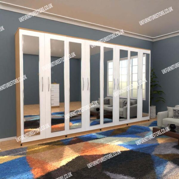 Front White Side Oak 8 Door Wardrobe Set With 8 Mirrors