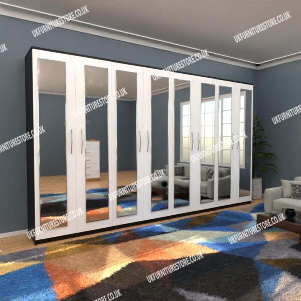 Front White Side Black 8 Door Wardrobe Set With 8 Mirrors