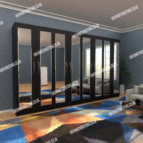 Black 8 Door Wardrobe Set With 8 Mirrors