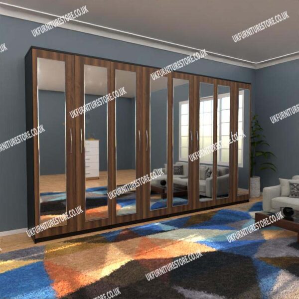 Front Walnut Side Black 8 Door Wardrobe Set With 8 Mirrors