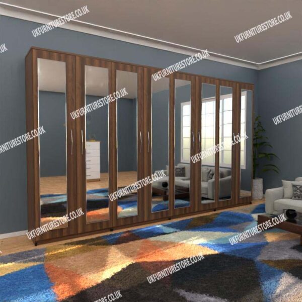 Walnut 8 Door Wardrobe Set With 8 Mirrors