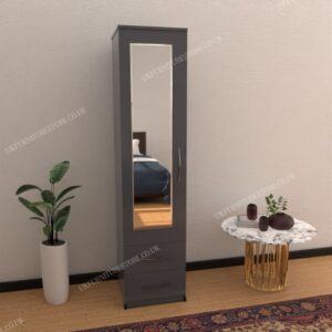 Gray 1 Door Mirrored Wardrobe With 2 Bottom Drawers