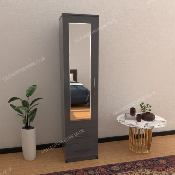 Gray 1 Door Mirrored Wardrobe With 2 Bottom Drawers