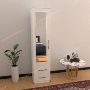 White 1 Door Mirrored Wardrobe With 2 Bottom Drawers