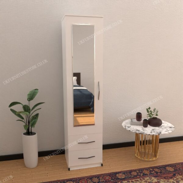 White 1 Door Mirrored Wardrobe With 2 Bottom Drawers
