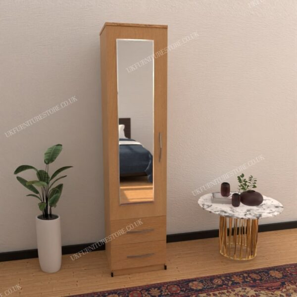 Beech 1 Door Mirrored Wardrobe With 2 Bottom Drawers