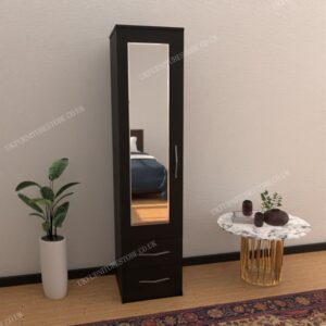 Black 1 Door Mirrored Wardrobe With 2 Bottom Drawers