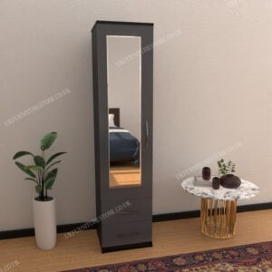Front Gray Side Black 1 Door Mirrored Wardrobe With 2 Bottom Drawers