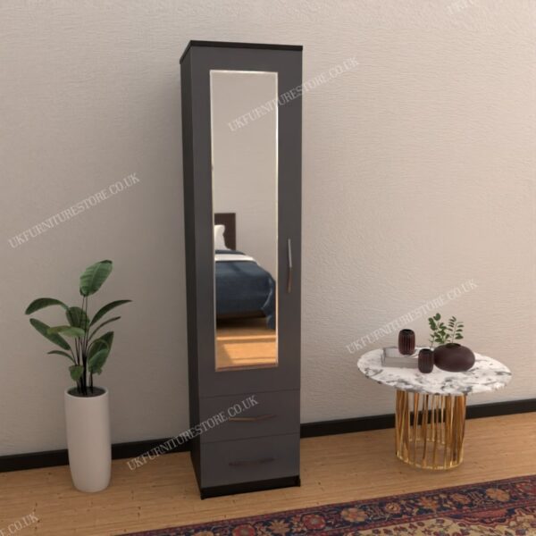 Front Gray Side Black 1 Door Mirrored Wardrobe With 2 Bottom Drawers