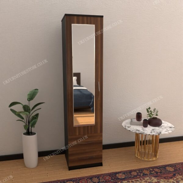 Front Walnut Side Black 1 Door Mirrored Wardrobe With 2 Bottom Drawers