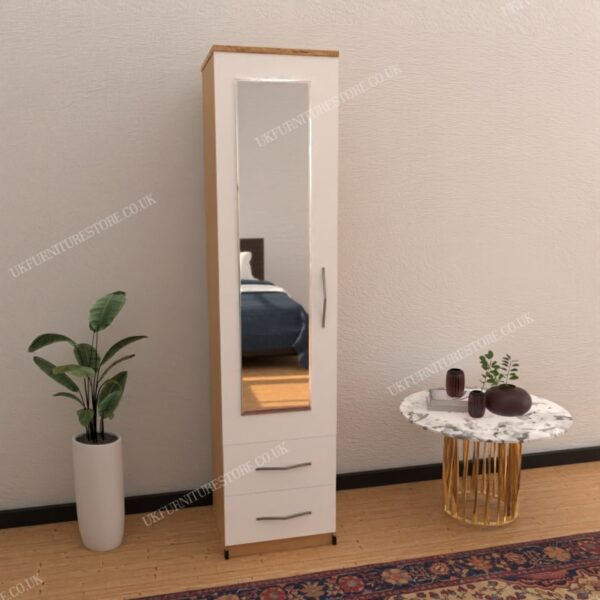 Front White Side Beech 1 Door Mirrored Wardrobe With 2 Bottom Drawers