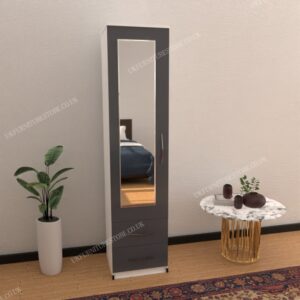 Front Gray Side White 1 Door Mirrored Wardrobe With 2 Bottom Drawers