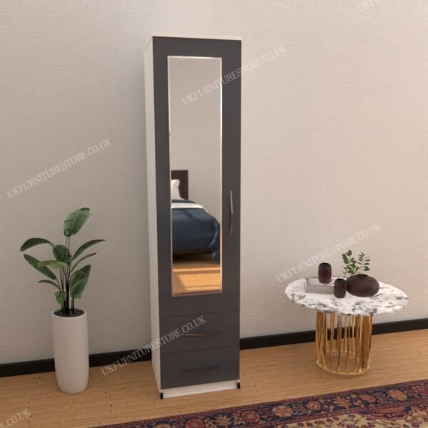 Front Gray Side White 1 Door Mirrored Wardrobe With 2 Bottom Drawers
