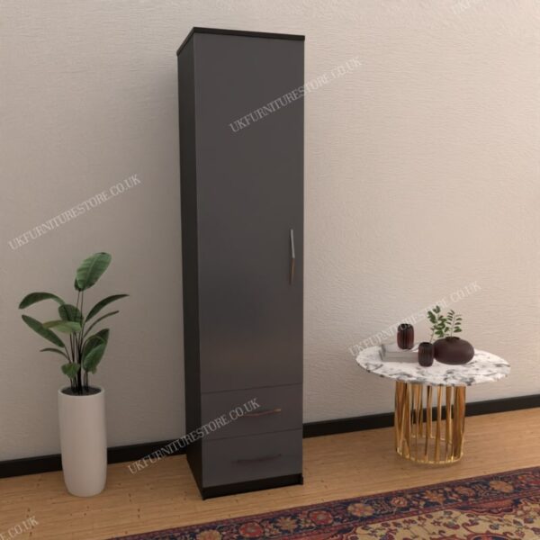 Front Gray Side Black 1 Door Wardrobe With 2 Bottom Drawers
