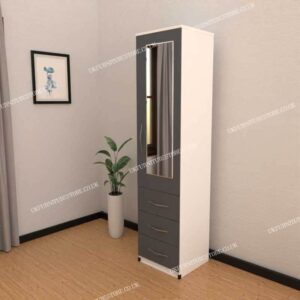 Front Gray Side White 1 Door Mirrored Wardrobe With 3 Bottom Drawers