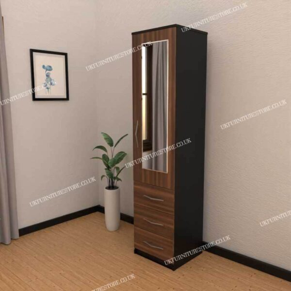Front Walnut Side Black 1 Door Mirrored Wardrobe With 3 Bottom Drawers