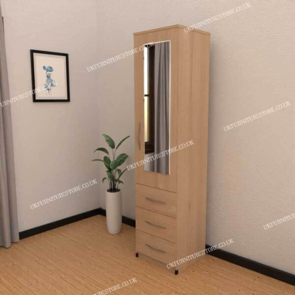Oak 1 Door Mirrored Wardrobe With 3 Bottom Drawers