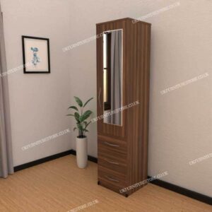 Walnut 1 Door Mirrored Wardrobe With 3 Bottom Drawers