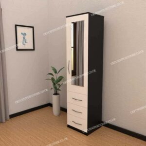 Front White Side Black 1 Door Wardrobe With 1 Mirror and 3 Bottom Drawers